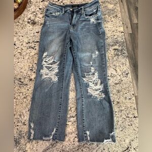 Judy Blue Distressed Straight Leg Jeans - Light Blue